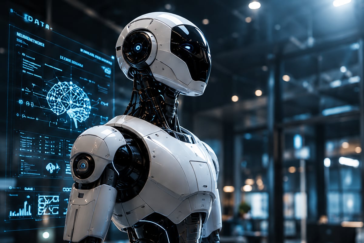 Humanoid robot beside a neural-network data display
